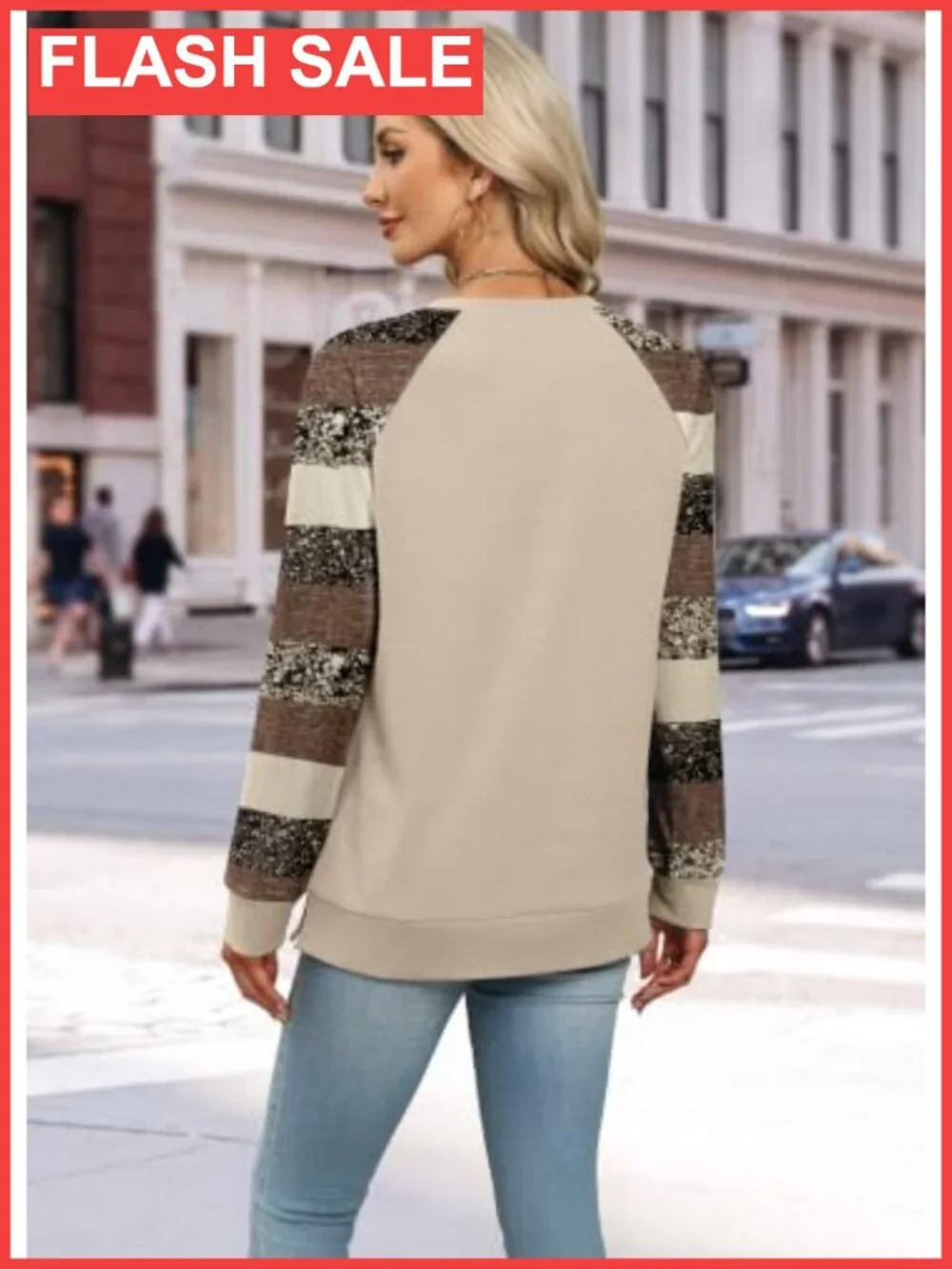Oversized Color Block Sweatshirt Crewneck Long Sleeve Side Slit Pullover